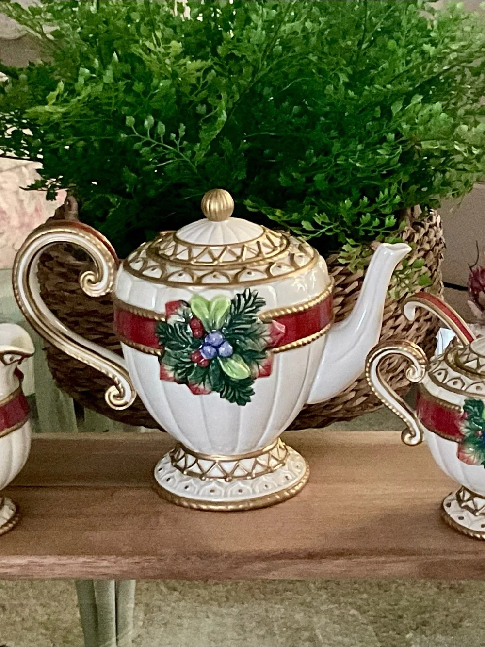 Festive White & Red Holiday Teapot Set with Gold Accents